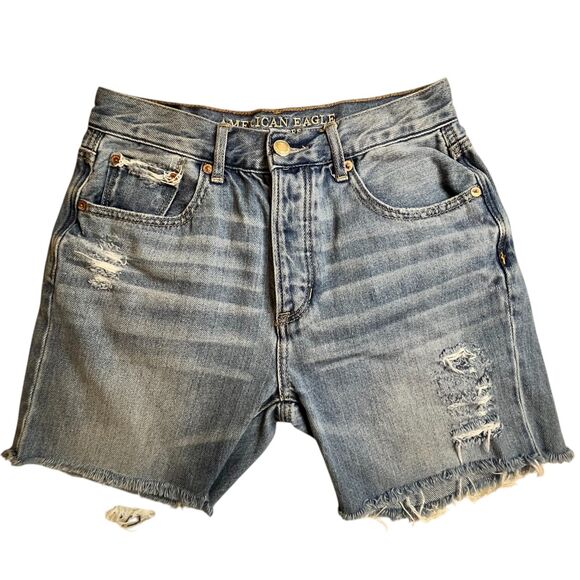 American Eagle Jean Shorts Junior 0  Blue High Rise Distressed Cotton (Sz0 W26) - Picture 7 of 14